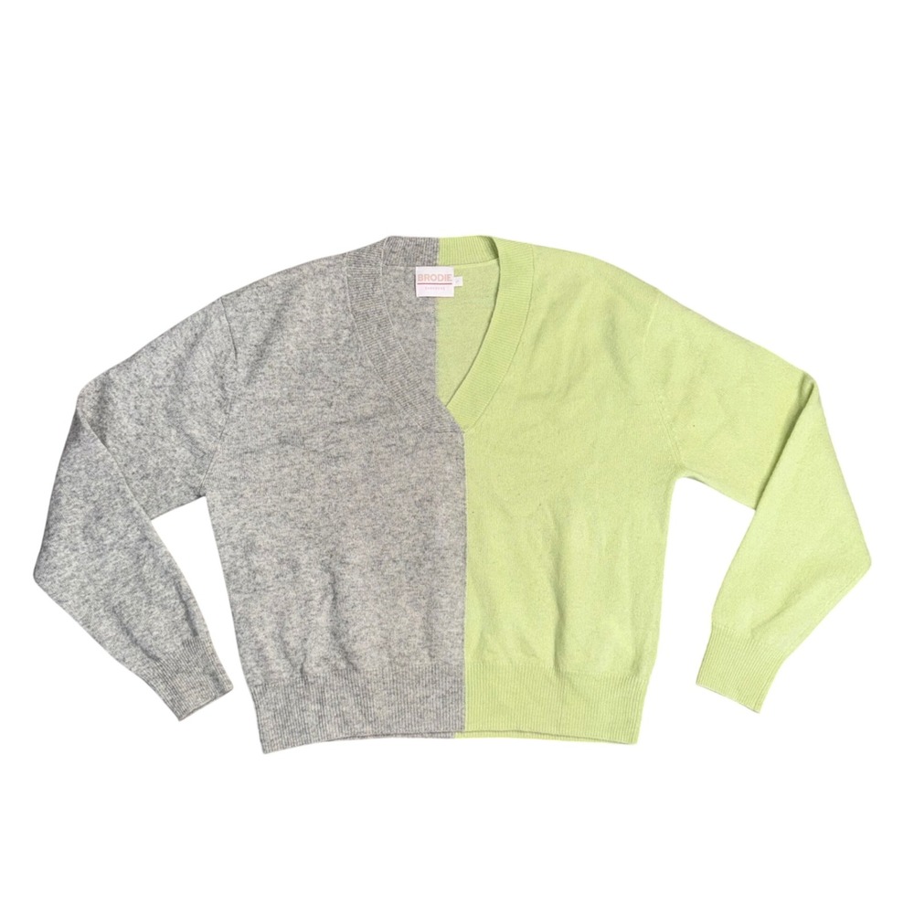 Brodie Cashmere Sweater Women Small Grey Lime Green Excellent Two Tone V-Neck